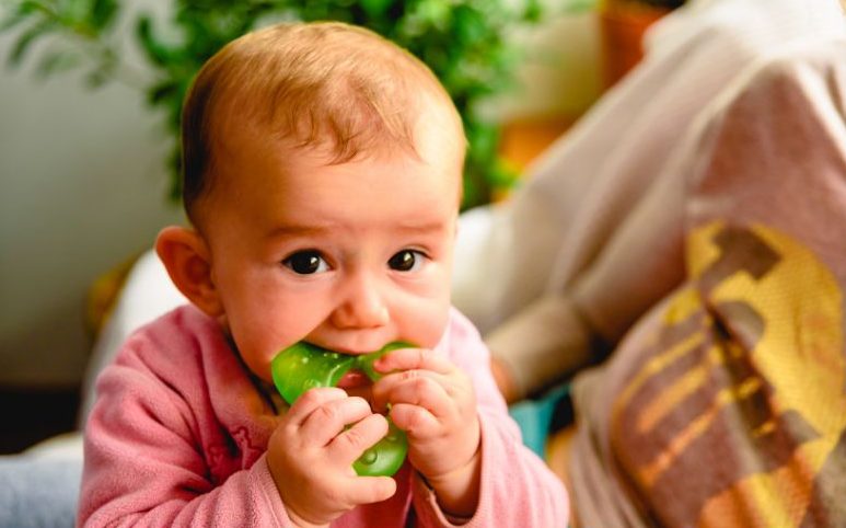 teetthing child with a toy