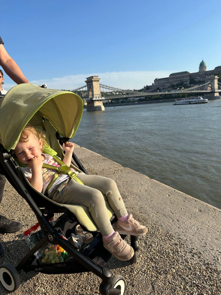 baby in a stroller near river