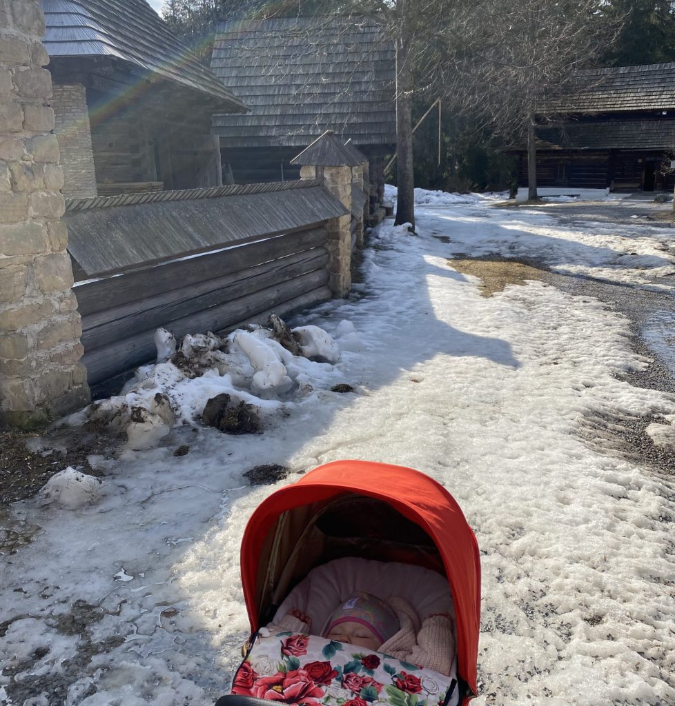 a baby in a stroller in winter