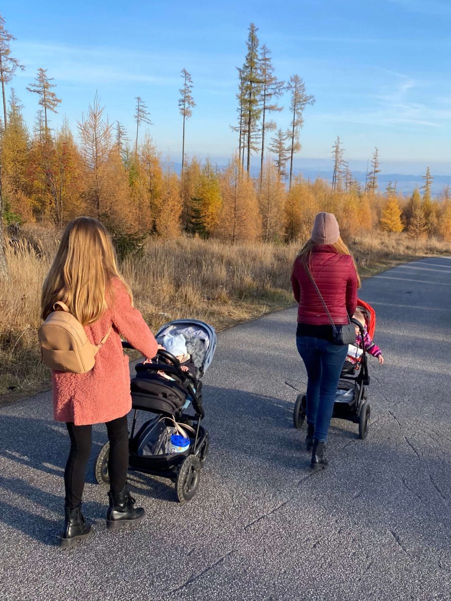 two girls walking with baby strollers